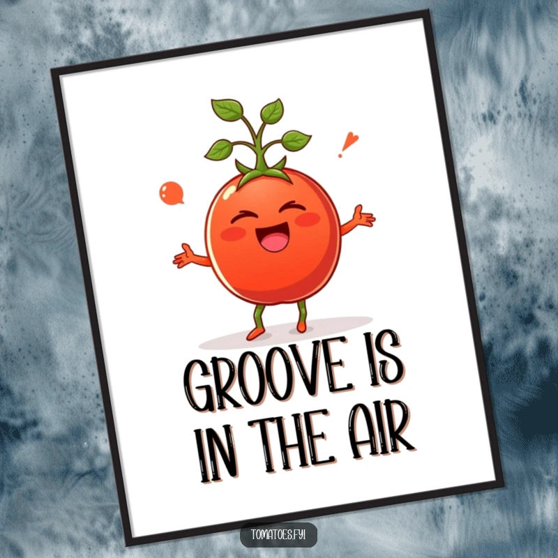 Funny digital art print of a giggling tomato in a silly dance, adding instant humor and personality to any room.