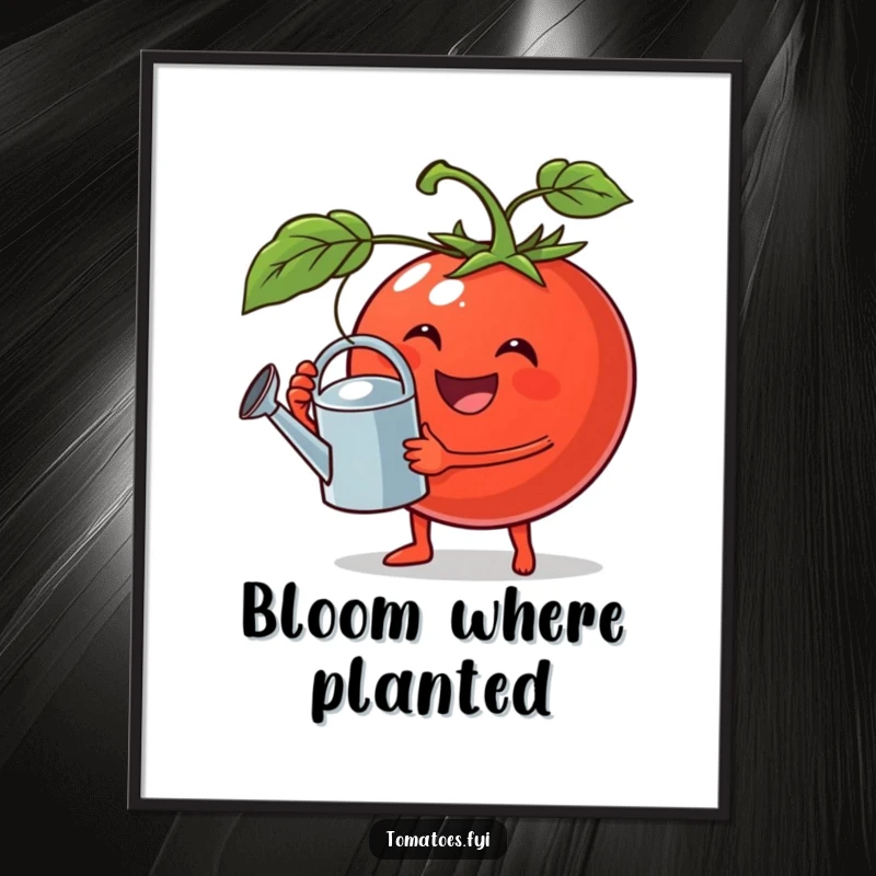 Funny digital art print of a jovial tomato holding a tiny watering can, perfect for charming garden-themed walls.