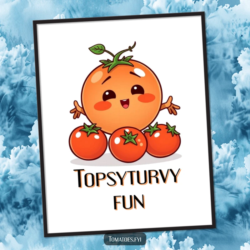 Funny tomato character comically juggling three smaller tomatoes, designed for digital art print.