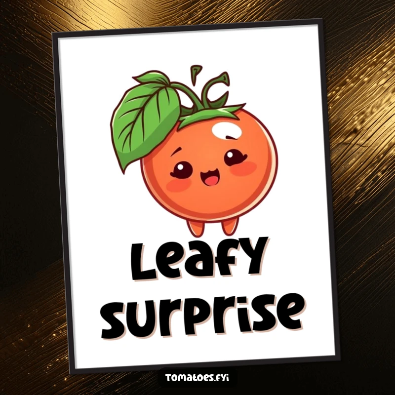 Funny digital art print of a cheerful tomato character peeking from behind a leaf, adding a touch of playful mystery.