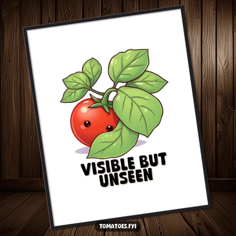 Funny shy tomato character peeking out from behind a vibrant basil leaf, ideal for digital art print.
