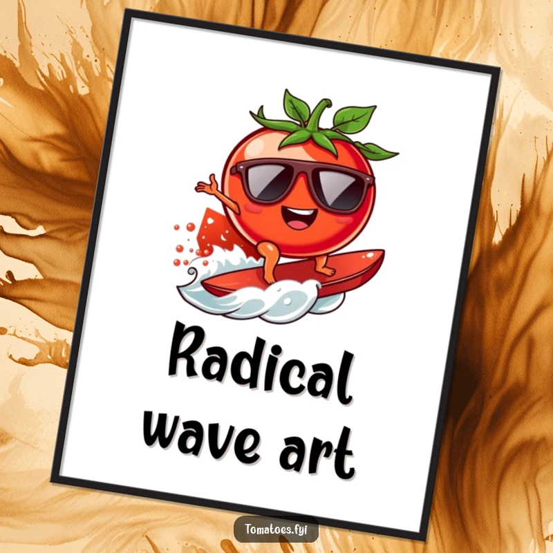 Funny surfing tomato digital art print of a cool tomato with sunglasses riding a juicy tomato wave, for wall decor.