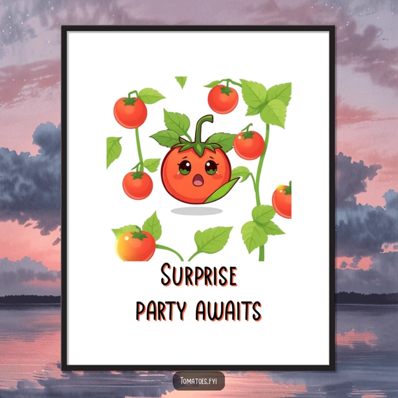 Funny Surprised Tomato Digital Art Print: A comical tomato character popping out from a leaf, captured in surprise.