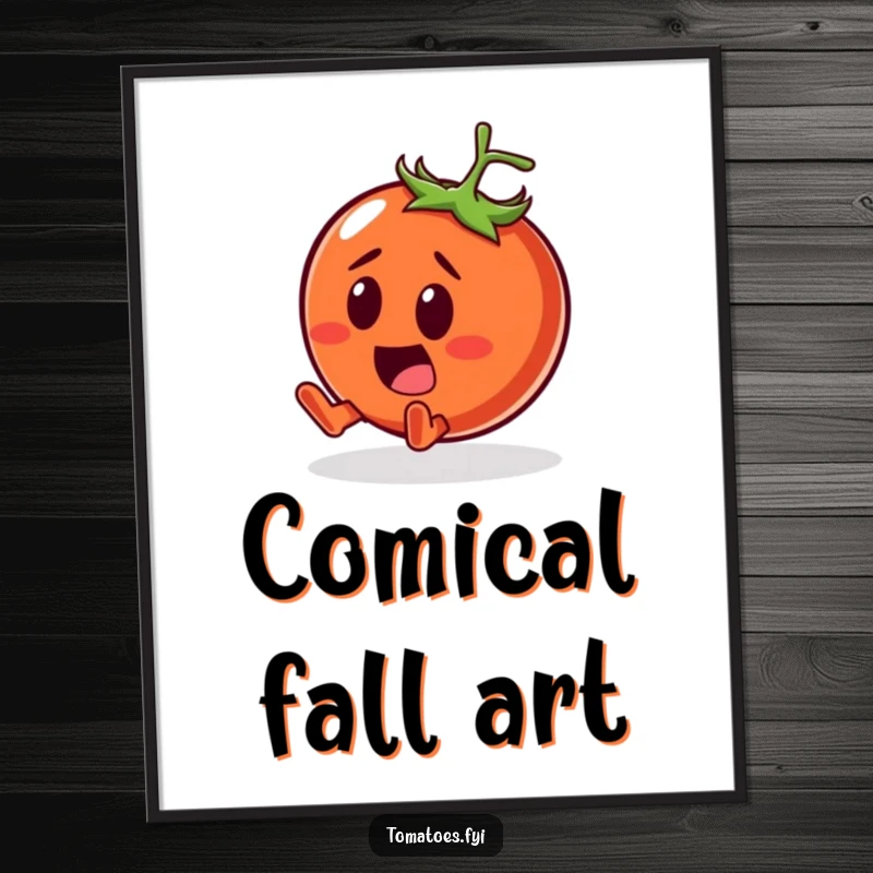 Funny Digital Art Print of a surprised tomato character comically tumbling with a smile, perfect for instant, humorous decor.