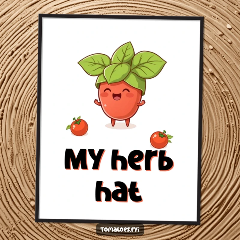 Funny digital art print of a tiny tomato character gleefully trying to wear a giant basil leaf hat, whimsical food humor.
