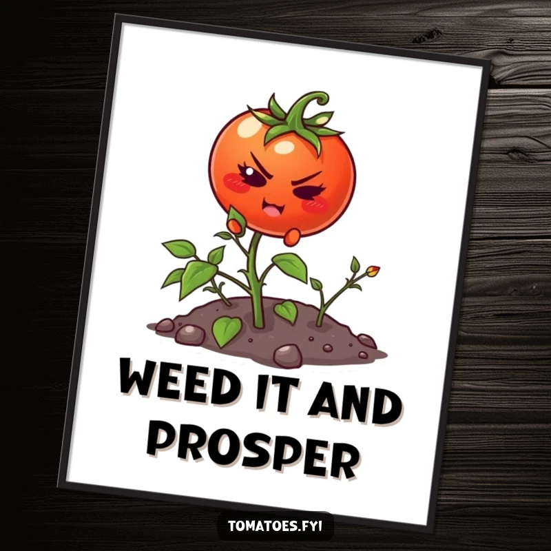Funny digital art print of a determined cartoon tomato climbing a small weed, symbolizing perseverance and strength.