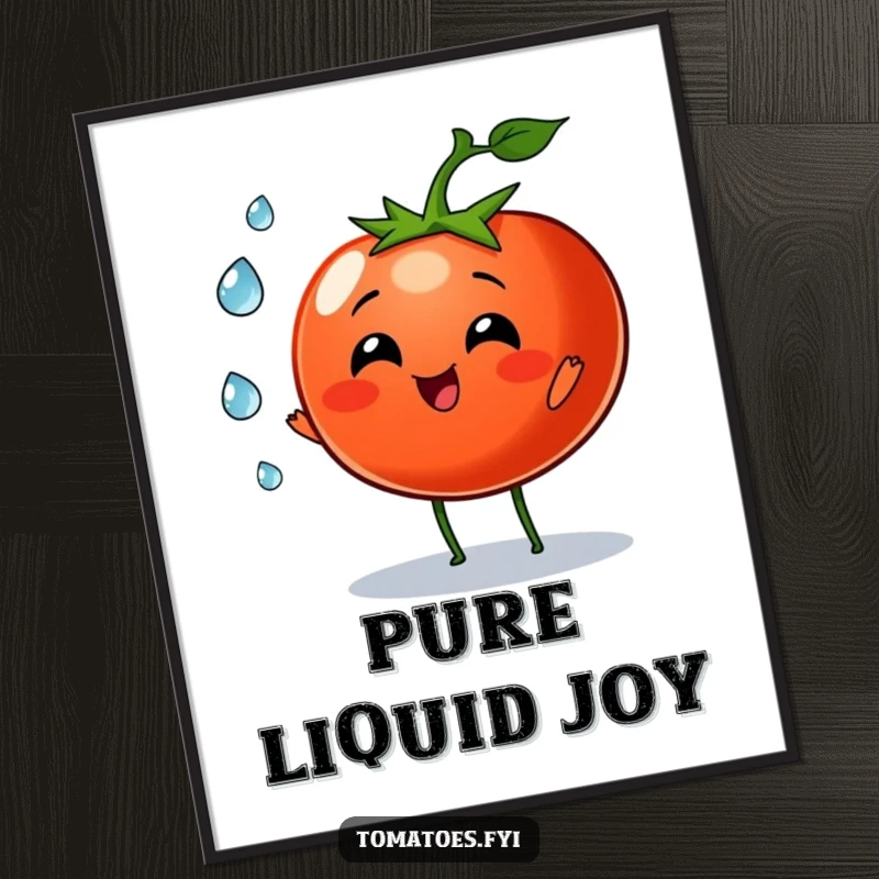 Funny tomato character joyfully juggling three tiny dew drops, an instant digital art print radiating whimsy.
