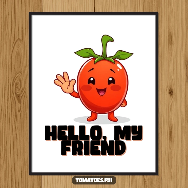Funny digital art print of a cheerful tomato character waving enthusiastically, bringing a smile to any screen.