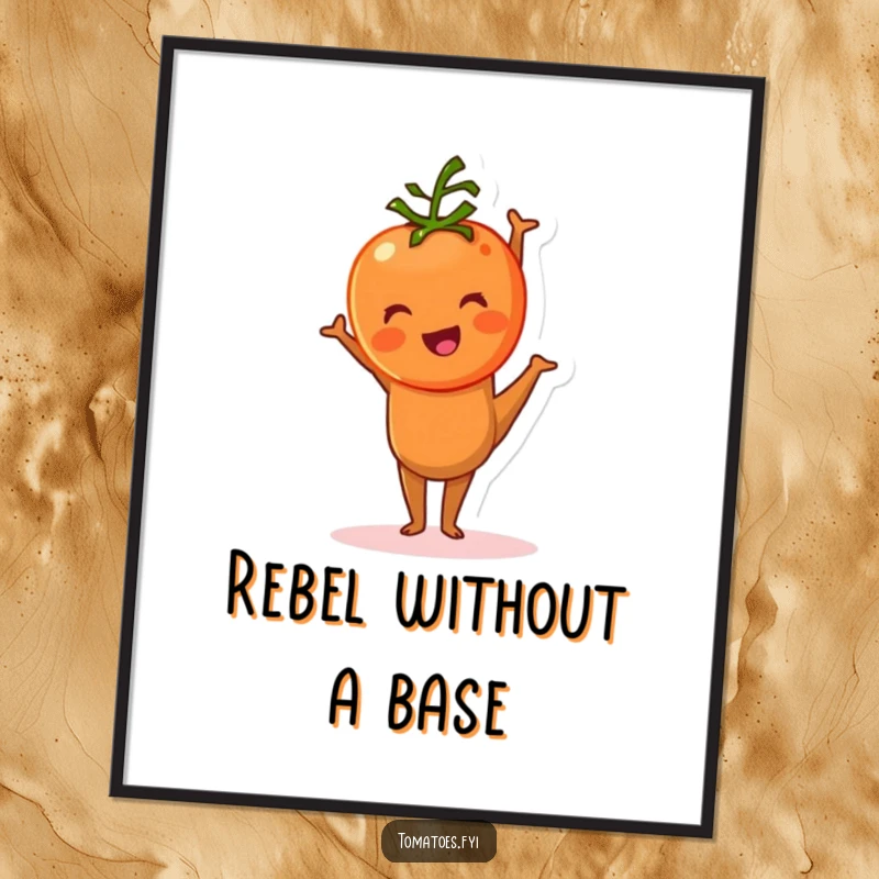 Funny tomato character hilariously trying to do a handstand, an instant digital art print radiating comedic energy.