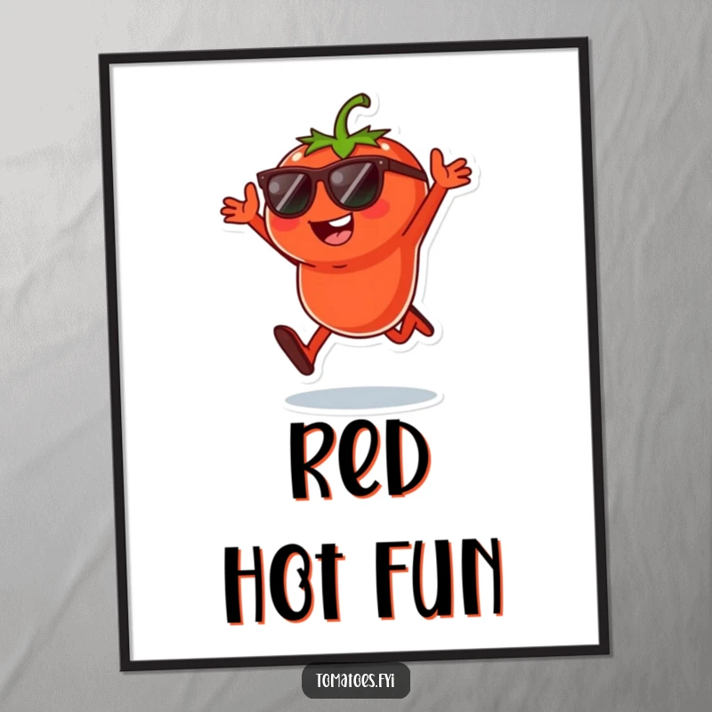 Funny digital art print of a cool tomato character in sunglasses joyfully jumping, a vibrant and playful illustration.