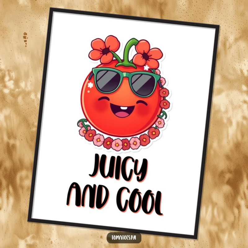 Funny tomato digital art print of a smiling tomato with sunglasses and a lei, capturing a moment of tropical fun for easy display.