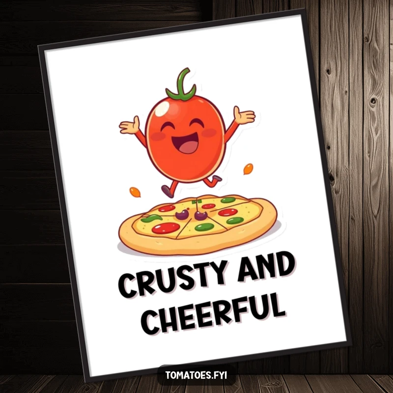 Funny cheerful tomato character joyfully bouncing on a giant pizza crust, presented as digital art.