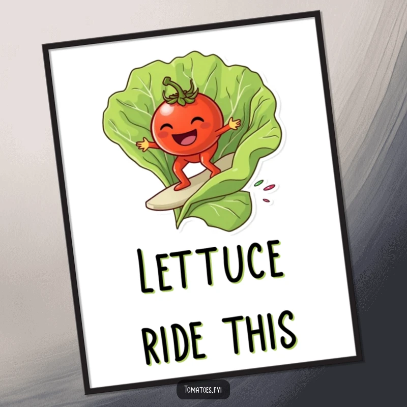 Funny grinning tomato character surfing on a giant lettuce leaf, as cool and funny digital art.