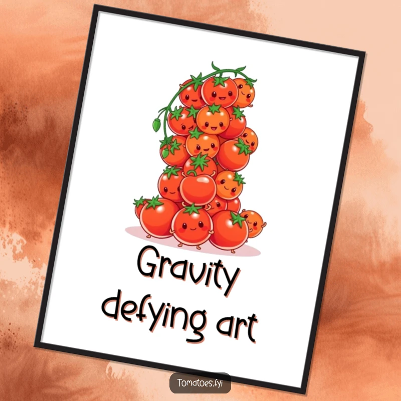 Funny tomato characters hilariously attempting to build a tower of cherry tomatoes, an instant digital art print.