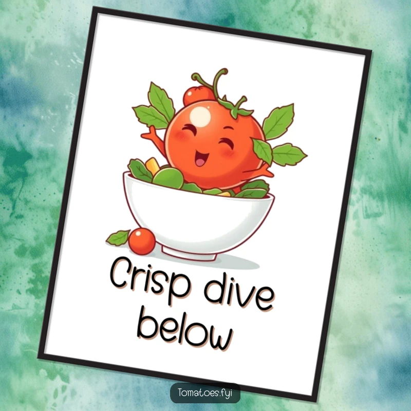 Funny digital art print of a winking tomato character diving into a salad bowl, for instant cool decor.