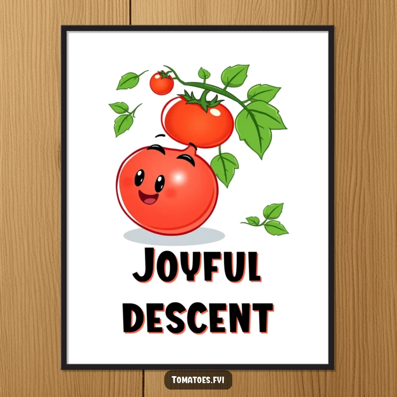Funny tomato digital art print of a smiling tomato character joyfully rolling down a vine, bringing whimsical humor to walls.