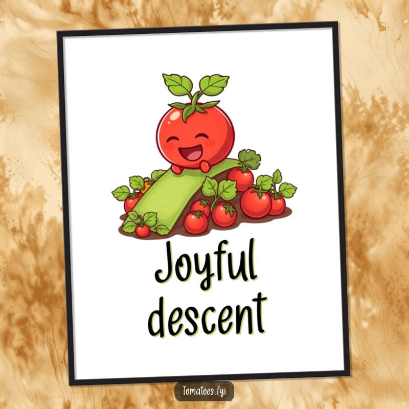Funny tomato character gleefully sliding down a slippery vegetable patch, designed for digital art prints.