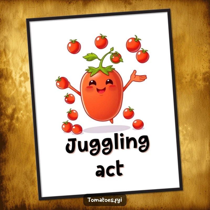 Funny digital art print of a happy tomato character skillfully juggling small red cherry tomatoes.