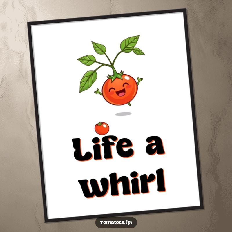 Funny Jovial Tomato Digital Art Print: A cheerful tomato character captured in a dynamic, happy spin.