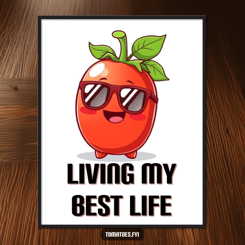 Funny Tomato Sunglasses Digital Art Print: A joyful tomato character in sunglasses, captured in a sunny digital illustration.