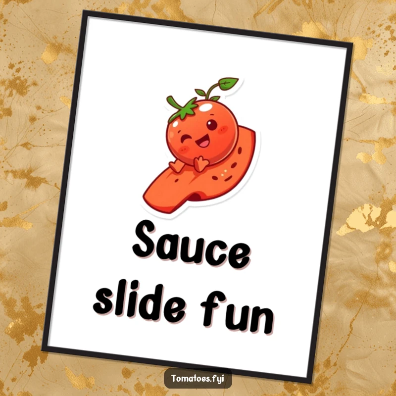 Funny tomato character digital art print, capturing the hilarious moment of sliding down a tomato slice, ready for instant joy.