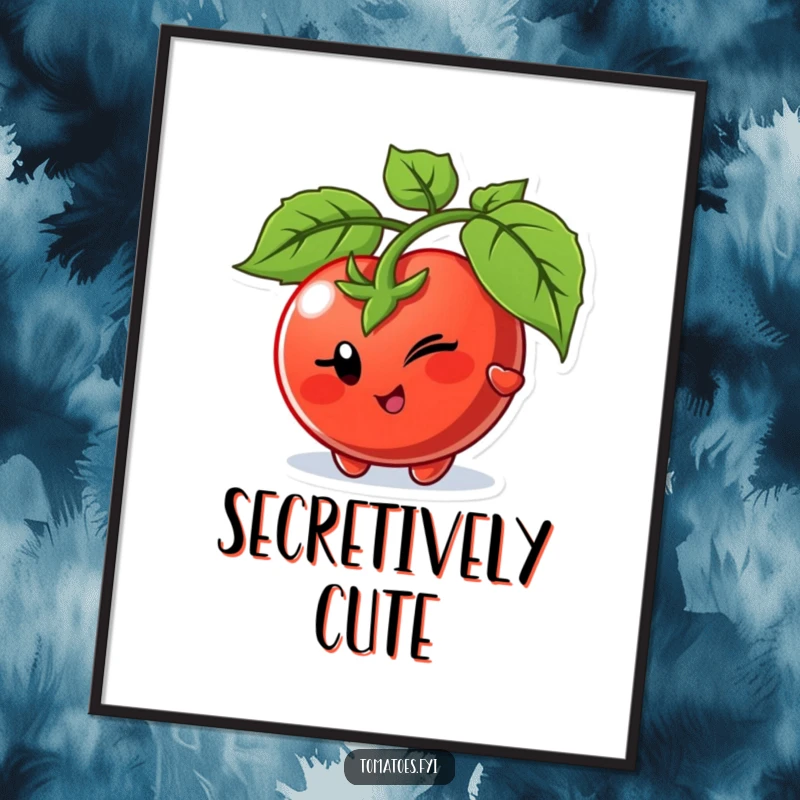 Funny digital art print of a winking tomato character playfully peeking from behind a leaf, offering instant mysterious decor.