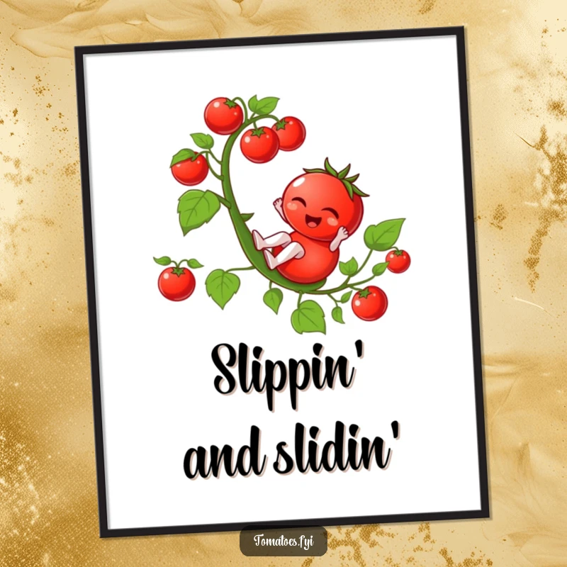 Funny winking tomato character sliding down a tomato vine, offered as a vibrant and funny digital art print.