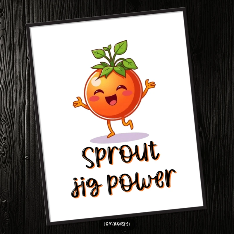 Funny cheerful tomato character doing a happy jig with sprouts, as a printable and funny digital art.