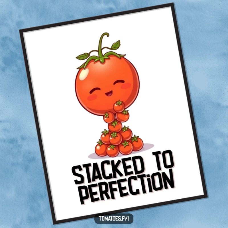 Funny digital art print of a winking tomato character balancing tiny tomatoes, perfect for instant humorous decor.