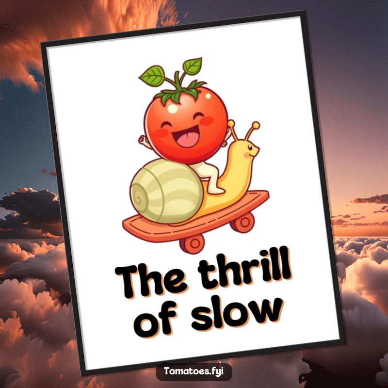 Funny tomato character joyfully riding a snail like a rollercoaster, an instant digital art print full of humor.