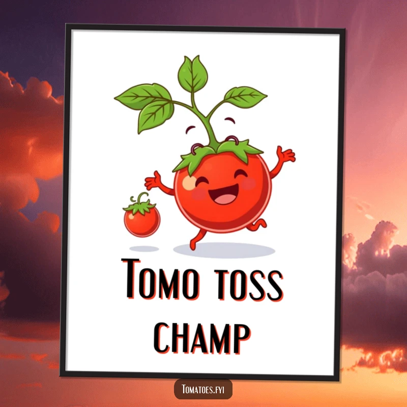 Funny digital art print of a grinning tomato parent bouncing a tiny tomato, a humorous and heartwarming piece for instant download.