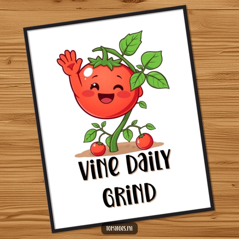 Funny digital art print of a tomato character waving from its vine, adding vibrant and humorous veggie charm to any wall.
