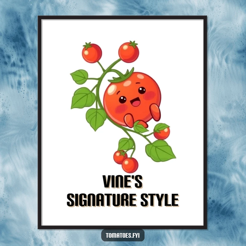 Funny Digital Art: A blushing tomato character slides down a vine. A funny gift.