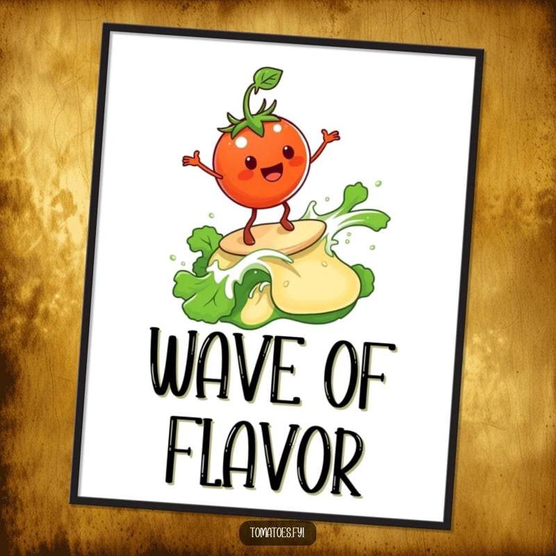 Funny Digital Art: A tomato surfs a wave of salad dressing. A funny gift.
