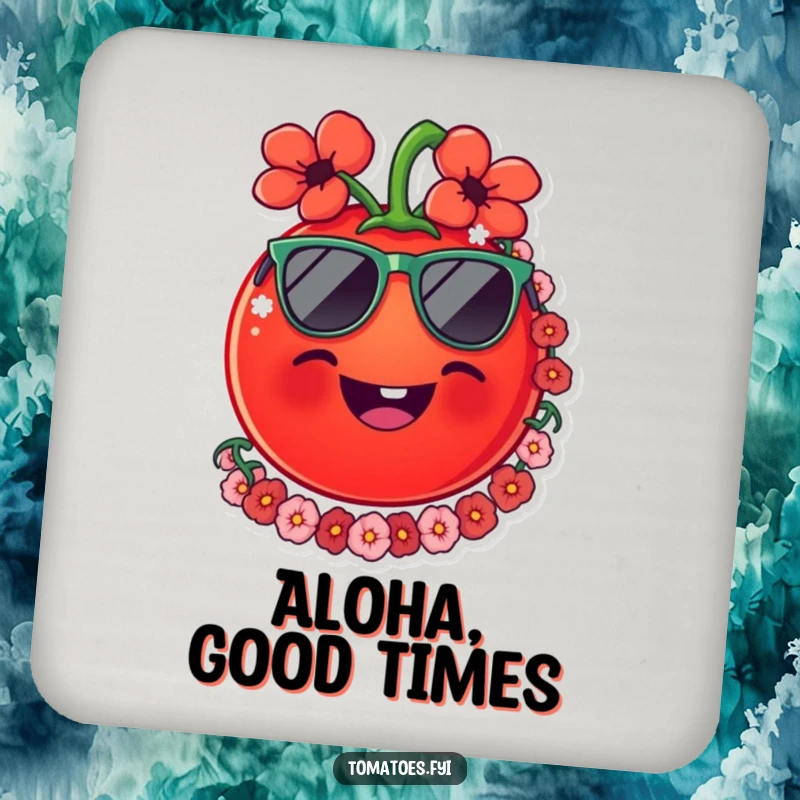 Funny tomato coasters featuring a smiling tomato wearing sunglasses and a lei, protecting surfaces with a humorous tropical design.