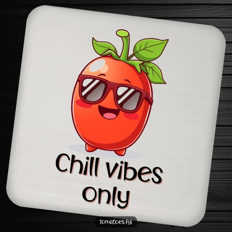 Funny Tomato Sunglasses Coaster: A coaster showing a cool tomato character wearing sunglasses on a sunny day.