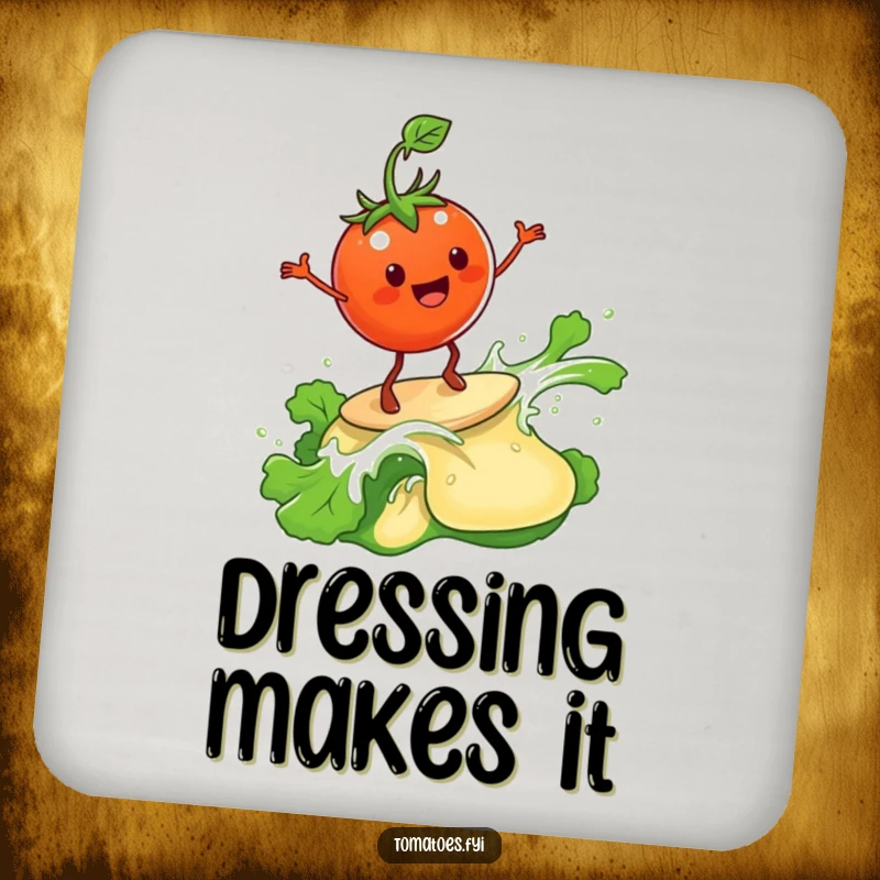 Funny Coaster: A tomato surfs a wave of salad dressing. A funny gift.