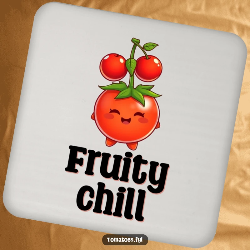 Funny tomato character comically trying to wear a cherry as a hat, printed on a round drink coaster.