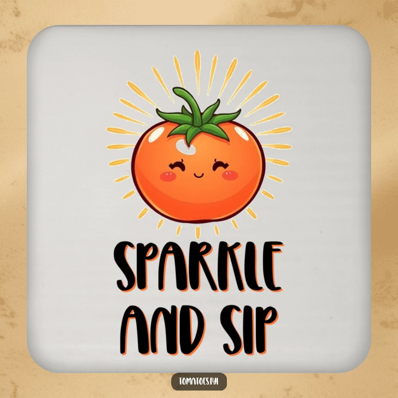 Funny coaster featuring a tomato radiating a starburst of energy, offering dynamic and humorous surface protection.