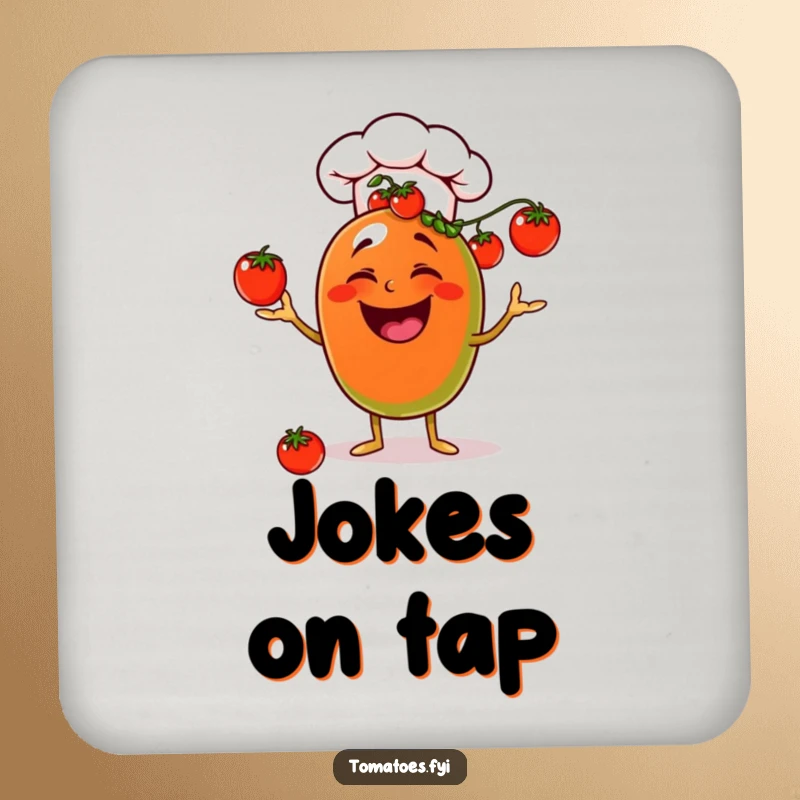 Funny laughing chef tomato coasters, juggling cherry tomatoes with a chef hat, humorous table protection.