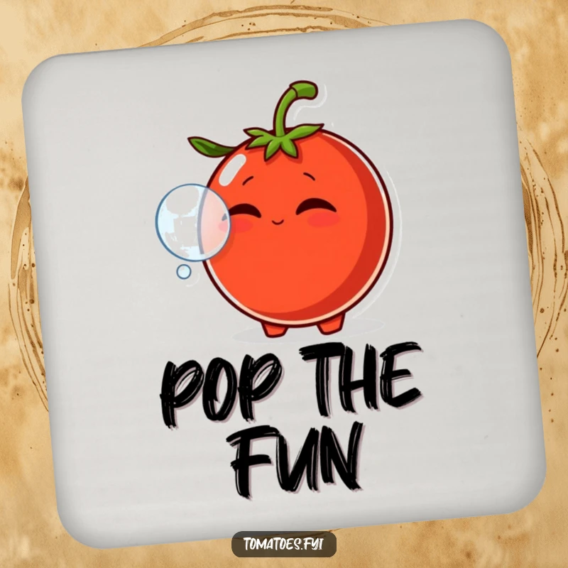 Funny drink coaster set with a smirking tomato character blowing a bubble with its mouth, offering stylish and humorous table protection.