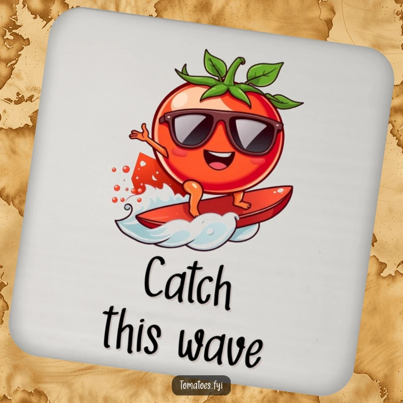 Funny surfing tomato drink coaster featuring a cool tomato with sunglasses riding a juicy tomato wave, protecting surfaces with humor.
