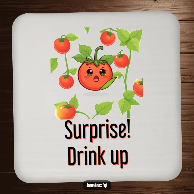 Funny Surprised Tomato Coaster: A coaster featuring a playfully surprised tomato character emerging from a leaf.