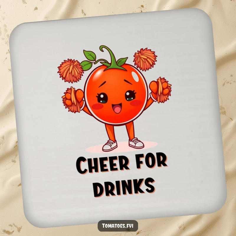 Funny drink coasters featuring a determined tomato character cheering with pom-poms, protecting surfaces with a humorous and spirited design.