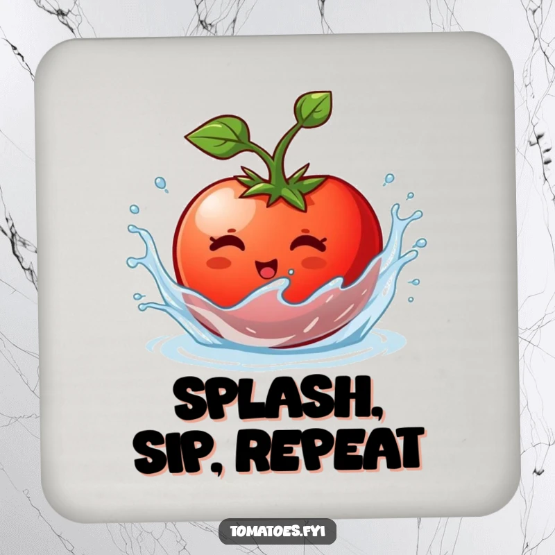 Funny drink coaster featuring a tomato character in a delightful splash of water, bringing playful charm to any surface.