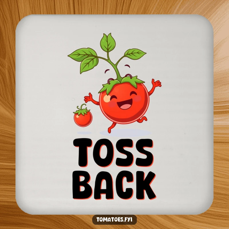 Funny coasters show a smiling tomato parent bouncing a small tomato, protecting surfaces with humor and playful parenting charm.