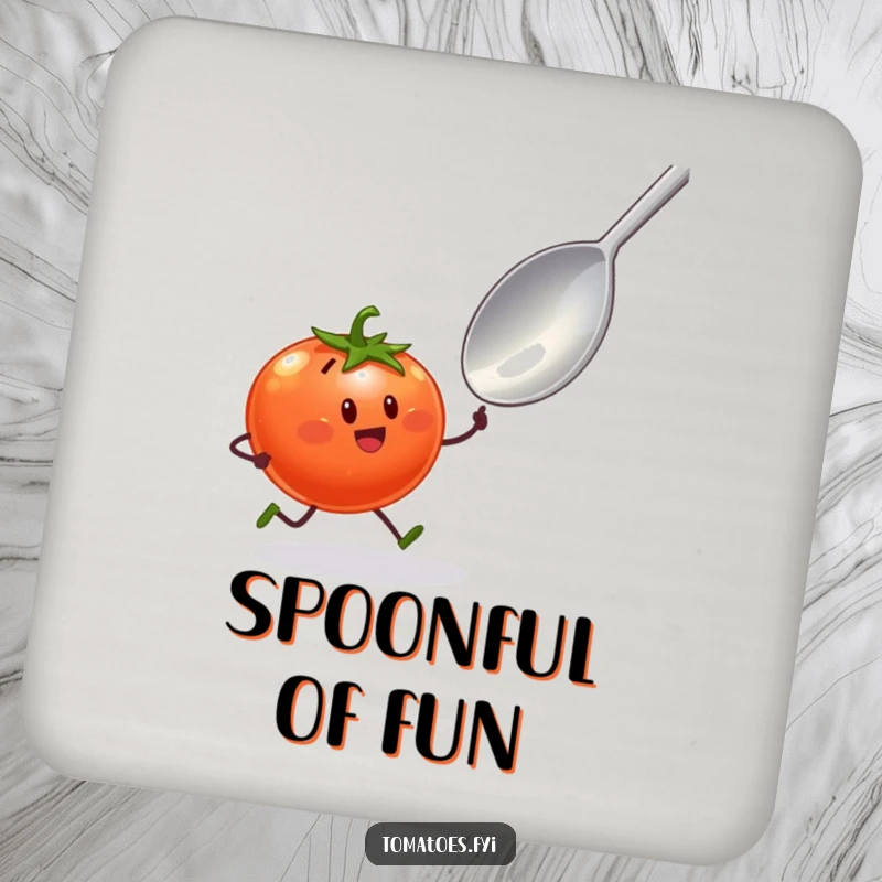 Funny coaster set depicting a tomato character with tiny legs sprinting towards a giant spoon, for humorous foodie protection.