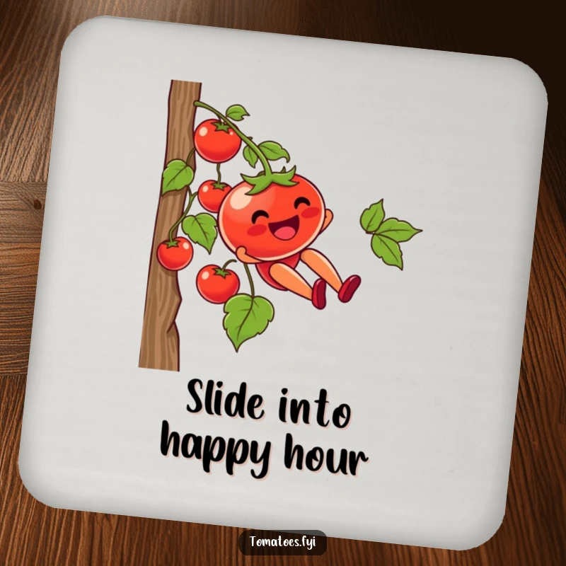 Funny drink coasters featuring a tomato character joyfully sliding down a vine, protecting surfaces with a humorous and adventurous design.