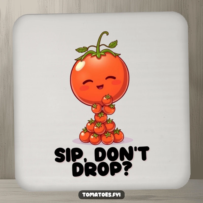 Funny drink coasters with a winking tomato character balancing tiny tomatoes, protecting surfaces with charm.