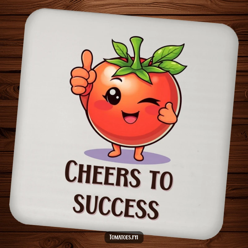 Funny drink coaster featuring a winking tomato character giving a confident thumbs up, adding a stylish touch to any surface.
